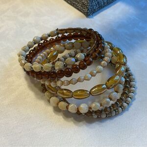 Brown, White and Gold Beaded Loaded Memory Wire Bangle Bracelet